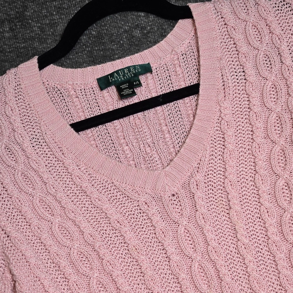 Lauren‎ Ralph Lauren Knit Sweater Womens Small Petite Pink Chunky Cotton NWOT